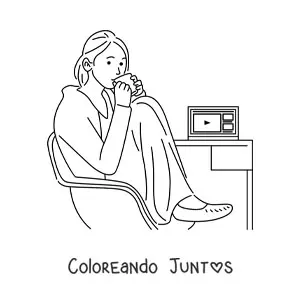 Imagen para colorear de una mujer sentada junto a un escritorio con una laptop