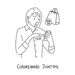 Imagen para colorear de una mujer haciendo compras en línea desde el móvil