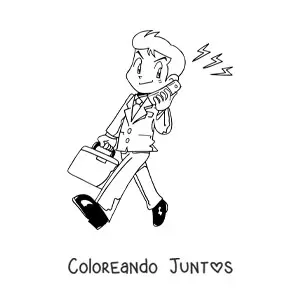 Imagen para colorear de un hombre con traje y maletín hablando por un teléfono antiguo