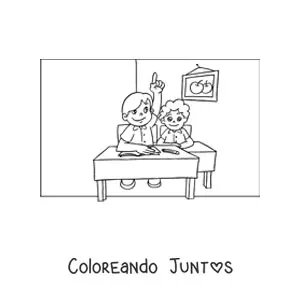 Imagen para colorear de un alumno levantando la mano en el salón de primaria