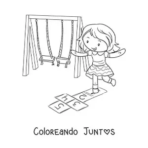 Imagen para colorear de una niña kawaii jugando al avioncito en el parque