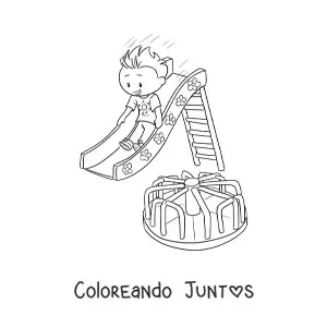 Imagen para colorear de un niño deslizándose por el tobogán del parque