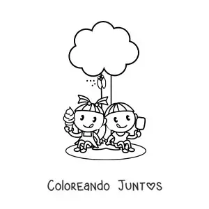 Imagen para colorear de dos niños kawaii comiendo helado en un parque