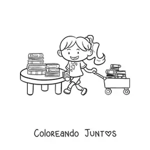 Imagen para colorear de una niña con libros en la biblioteca
