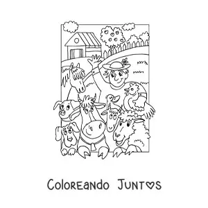 Imagen para colorear de un granjero junto a animales animados