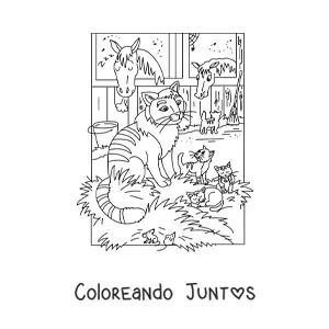 Imagen para colorear de cuatro gatos animados y  dos caballos en establo