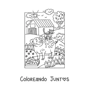 Imagen para colorear de un cerdo animado y un gato en la granja