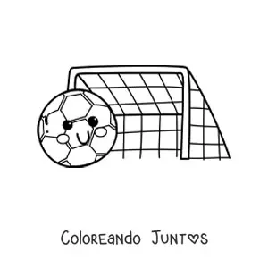 Imagen para colorear de un balón de fútbol kawaii junto a la portería
