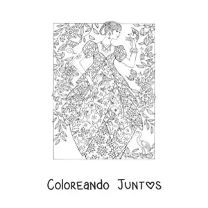 Imagen para colorear de una mujer con un vestido de época