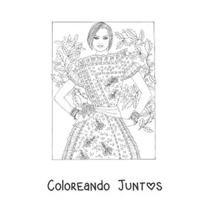 Imagen para colorear de una modelo con un vestido estampado
