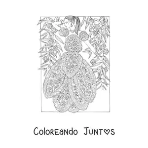 Imagen para colorear de una modelo y un vestido estampado con mandalas