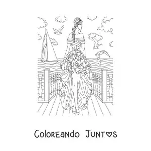 Imagen para colorear de una modelo con un vestido de fiesta