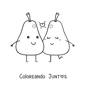 Imagen para colorear de una pareja de peras kawaii animadas con un corazón en el aire