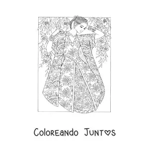 Imagen para colorear de una modelo con un vestido estilo oriental