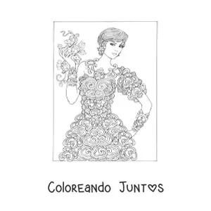 Imagen para colorear de una modelo con vestido de flores