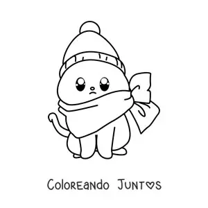 Imagen para colorear de un gato kawaii con un sombrero de invierno