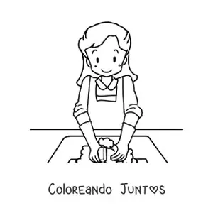Imagen para colorear de una mujer limpiando la loza con guantes de limpieza