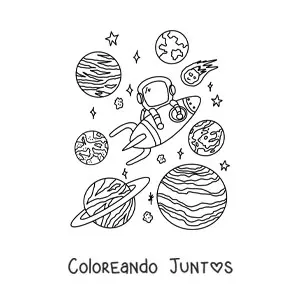 Imagen para colorear de un astronauta y planetas del sistema solar