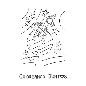 Imagen para colorear de un cohete espacial cerca de un planeta