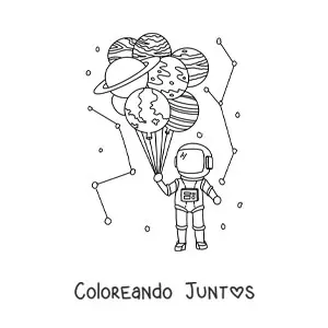 Imagen para colorear de un astronauta sujetando globos de planetas