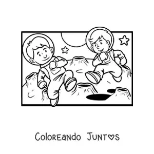 Imagen para colorear de dos astronautas en la Luna