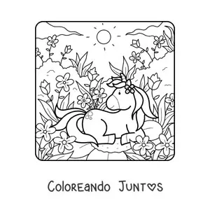 Imagen para colorear de un unicornio kawaii en primavera