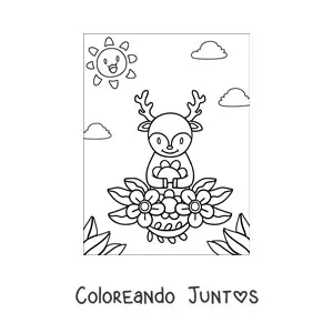 Imagen para colorear de un ciervo kawaii en primavera