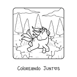 Imagen para colorear de un unicornio animado en el bosque
