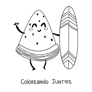 Imagen para colorear de una sandía animada surfista saludando