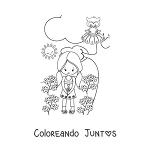 Imagen para colorear de una niña en un campo primaveral
