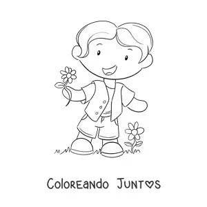 Imagen para colorear de un niño animado con varias flores de primavera