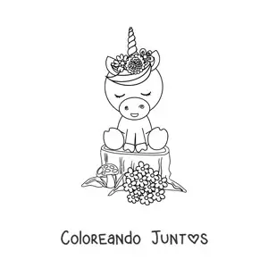 Imagen para colorear de un unicornio kawaii con flores de primavera