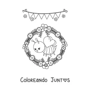 Imagen para colorear de una abeja kawaii con un aro de flores de primavera