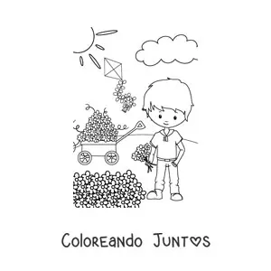 Imagen para colorear de un niño en primavera junto a un cultivo de flores