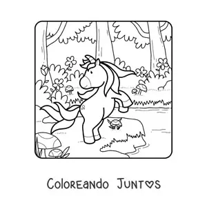 Imagen para colorear de un unicornio en primavera en el bosque
