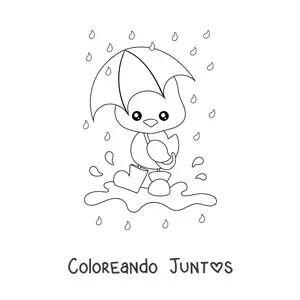 Imagen para colorear de un pollito kawaii bajo la lluvia de primavera