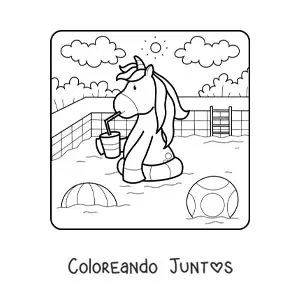 Imagen para colorear de un unicornio animado en una piscina de verano