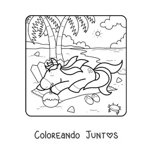 Imagen para colorear de un unicornio descansando en una playa