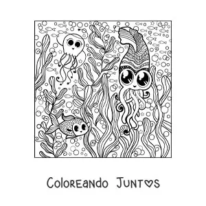 Imagen para colorear de varios animales marinos kawaii