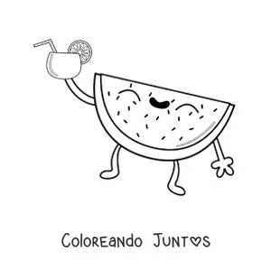 Imagen para colorear de una sandía animada veraniega bebiendo un batido