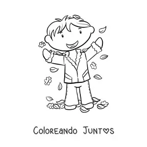 Imagen para colorear de un niño jugando con hojas de otoño