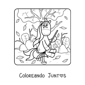 Imagen para colorear de un unicornio animado barriendo hojas de otoño