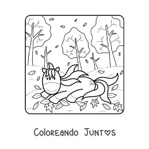 Imagen para colorear de un unicornio entre varias hojas secas caídas