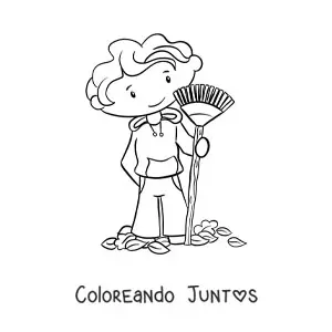 Imagen para colorear de un niño barriendo hojas secas