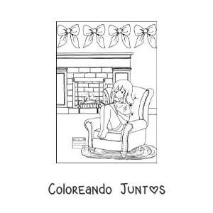 Imagen para colorear de una niña sentada junto a la chimenea en invierno