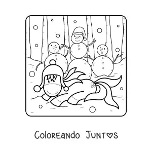Imagen para colorear de un unicornio con varios muñecos de nieve