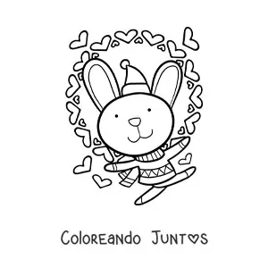 Imagen para colorear de un conejito kawaii con bufanda y gorro de invierno