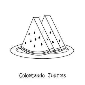 Imagen para colorear de dos trozos de sandía sobre un plato