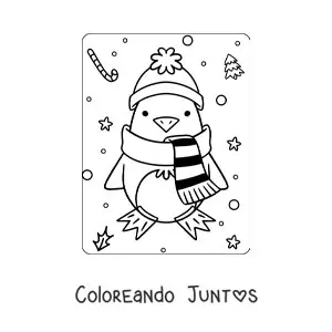 Imagen para colorear de un pingüino kawaii con bufanda en invierno
