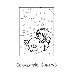 Imagen para colorear de una niña kawaii junto a un iglú